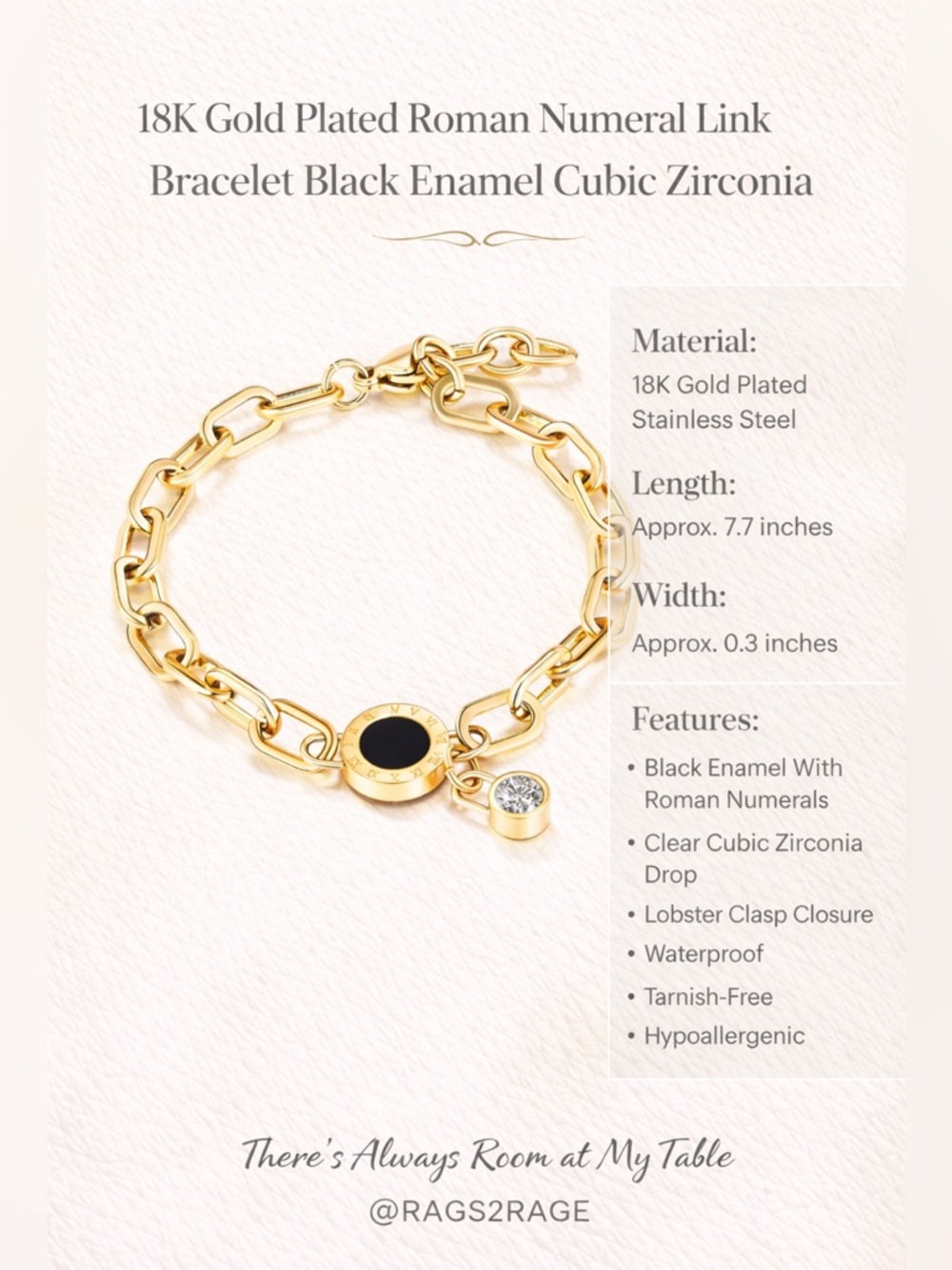 18K Gold Plated Roman Numeral Link Bracelet Black Enamel CZ Stainless NWT